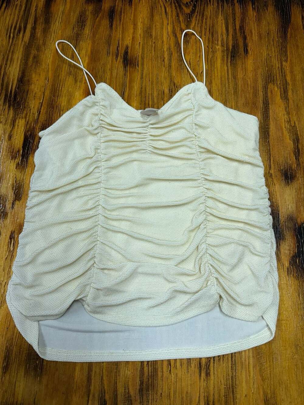No Boundaries Cream Gold Sparkle Ruched Spaghetti Strap Cami Top